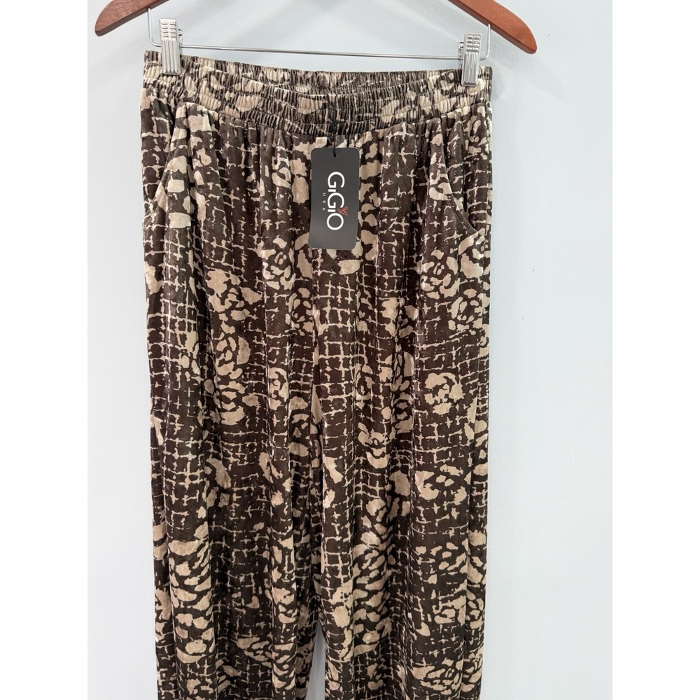 GIGIO Wide Leg Pull On Pants M Velvet Brown Abstract Print Stretch Casual Boho - Picture 5 of 9